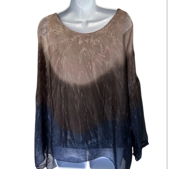 Saks Fifth Avenue Italy silk blouse tie dye tab sleeves crochet bohemian S - Picture 2 of 8